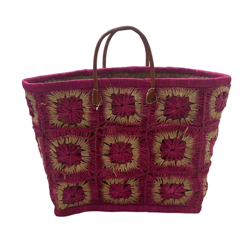 Le Comptoir de la Plage Pink Raffia Floral Crochet Leather Handle Tote Bag L - Picture 1 of 10